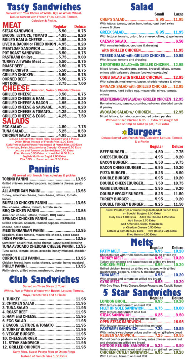 THREE BROTHERS DINER MENU